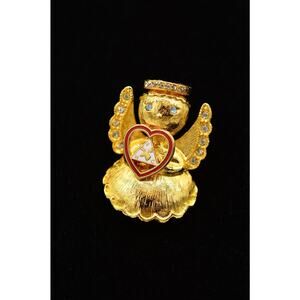 L.Razza Vintage Angel Pin Brooch Christmas Rhinestone Gold Heart Signed 80s BinV